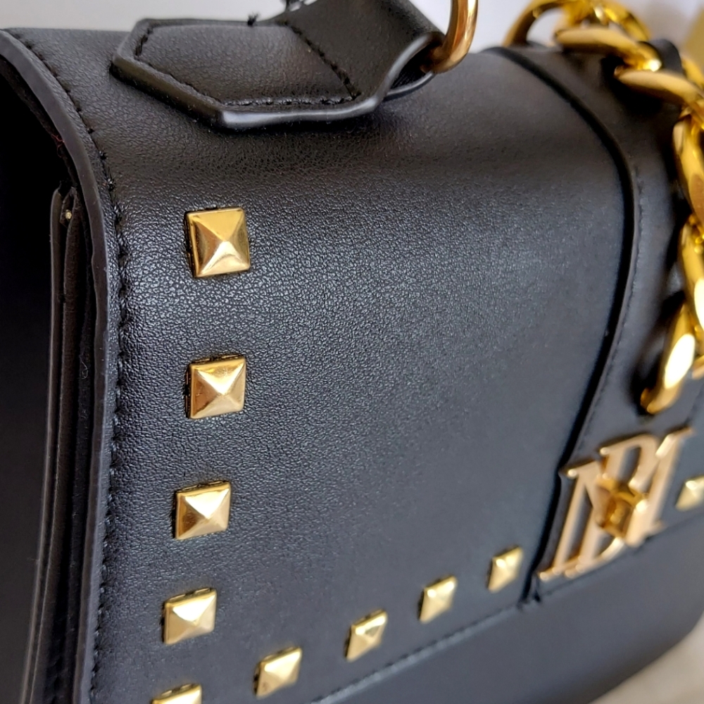 š·ļø NWT Badgley Mischka Black Chain Studded Crossbody/Handle Purse Vegan Leather - Picture 7 of 8